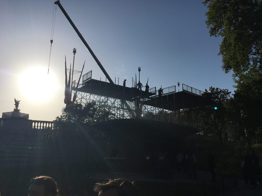 Scaffolders erecting a large scaffold